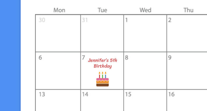 Personalized calendar with marked birthdays, anniversaries, and special dates